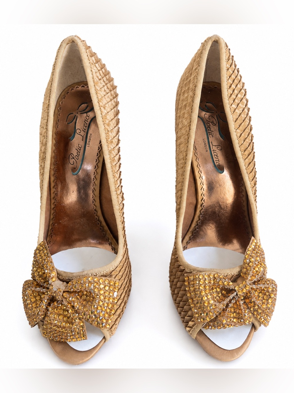 Poetic Licence Gold Rhinestone Bow Peep Toe Heels EU 39.5 US 9